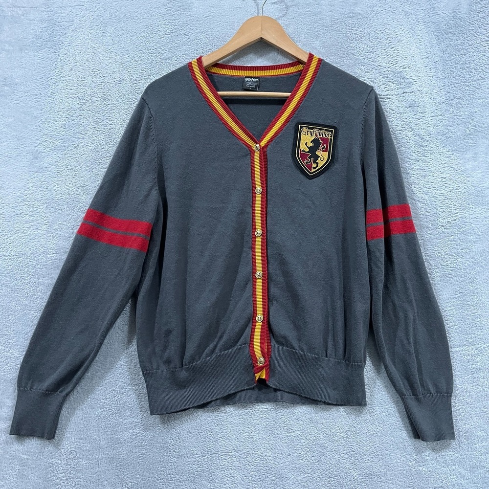 Harry Potter Gryffindor Cardigan Sweater Gray Red Gold Striped Crest Large Women